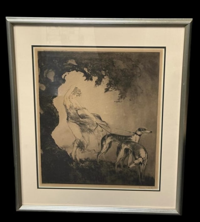 Signed Louis ICART "Gust of Wind" 1925 Art Deco Etching: Signed Louis ICART "Gust of Wind" 1925 Art Deco Etching. This art features a Art Deco style woman out with her greyhound dogs in a big gust of wind. It is signed in pencil on the lower right by the