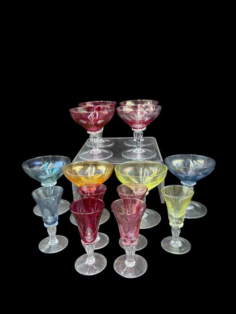 Estate Lot of 14 Cut to Clear Hand Blown Crystal Champagne/Sherbets & Cordials: Estate Lot of 14 Cut to Clear Hand Blown Crystal Champagne/Sherbets & Cordials. This very nice Estate Lot has 8- Champagne or Sherbet glasses & 6 Cordial Crystal Glasses in multi colors. The Champagne