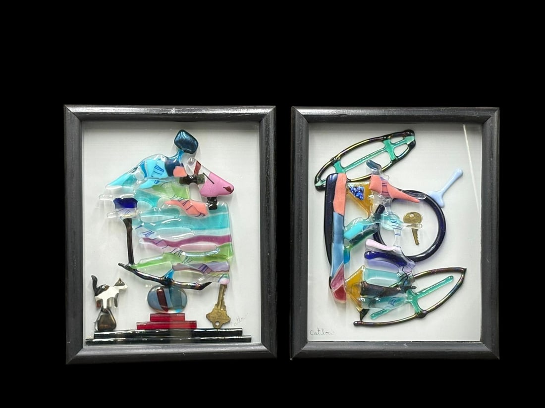 Lot of 2 Modern Fused Glass Framed Art by Marilyn Catllow (1 of 19)