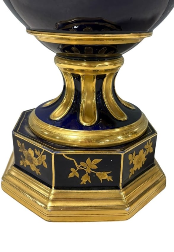 Pair of Stunning Fischer & Mieg Ornate Gilt Cobalt Blue Porcelain Urns - 24" tall - 13