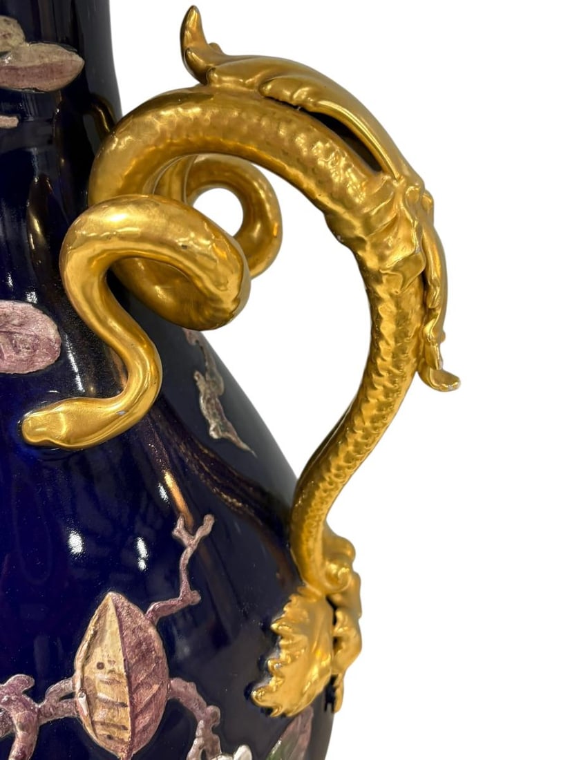 Pair of Stunning Fischer & Mieg Ornate Gilt Cobalt Blue Porcelain Urns - 24" tall - 17