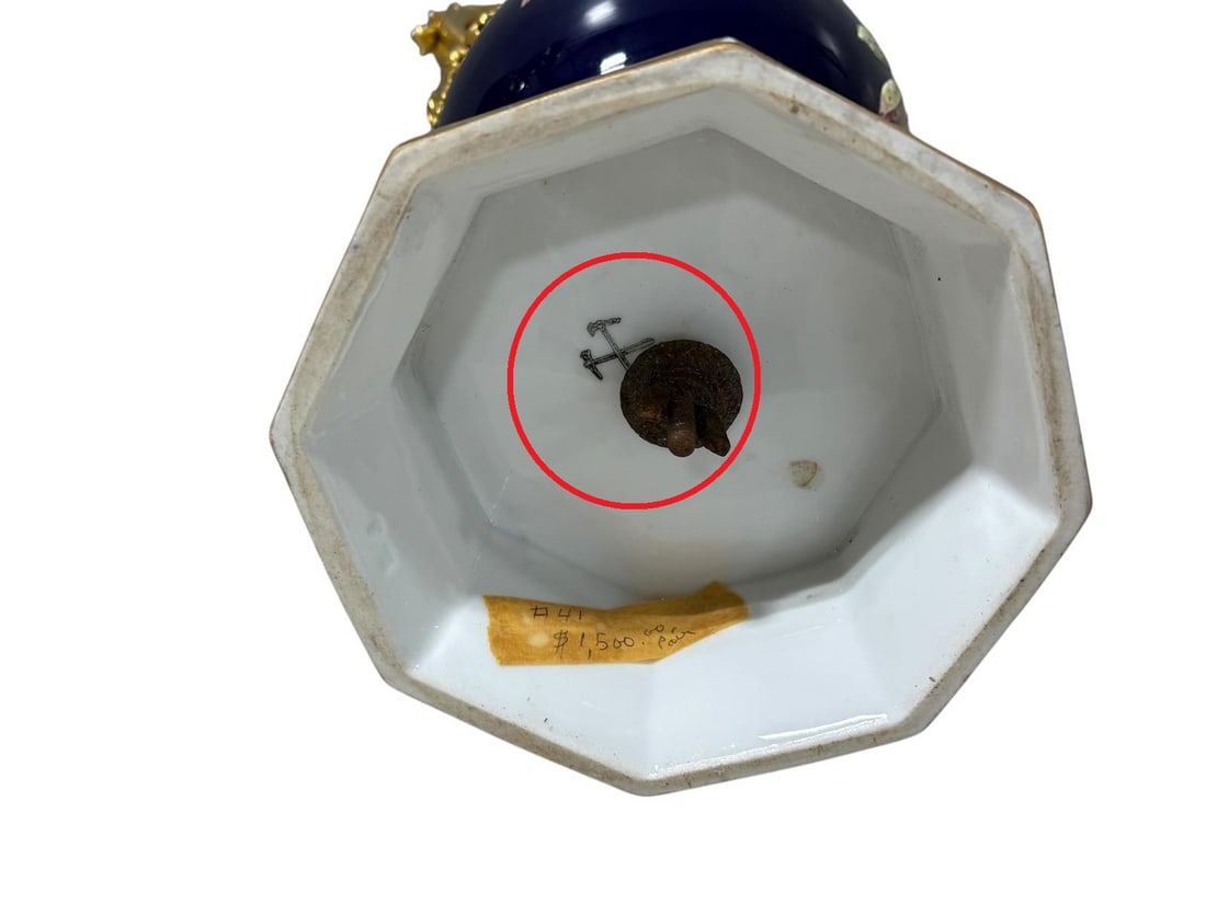 Pair of Stunning Fischer & Mieg Ornate Gilt Cobalt Blue Porcelain Urns - 24" tall - 19