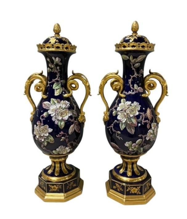 Pair of Stunning Fischer & Mieg Gilt Cobalt Blue Porcelain 24" tall Urn Vases (1 of 20)