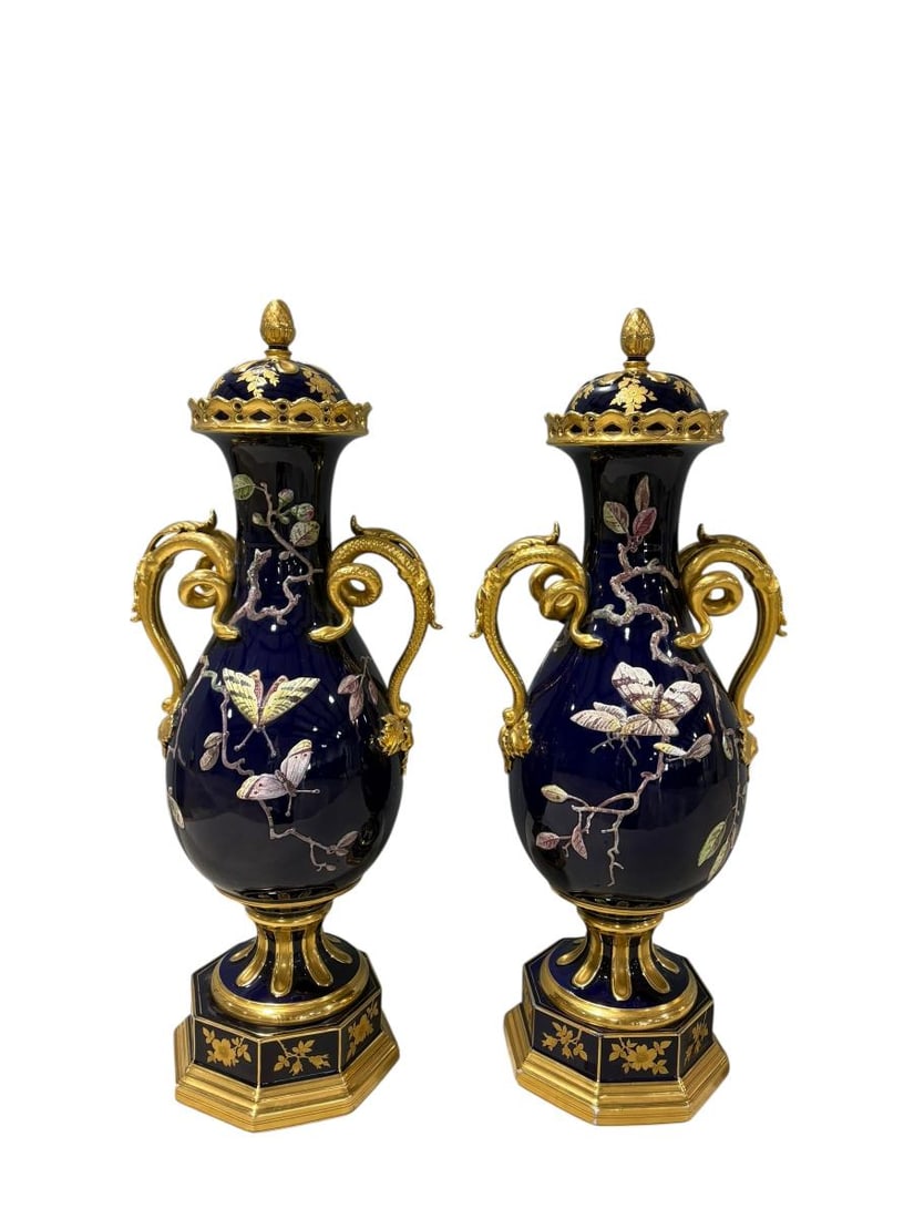 Pair of Stunning Fischer & Mieg Ornate Gilt Cobalt Blue Porcelain Urns - 24" tall - 2