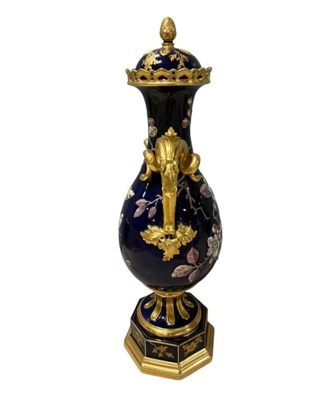 Pair of Stunning Fischer & Mieg Ornate Gilt Cobalt Blue Porcelain Urns - 24" tall - 4