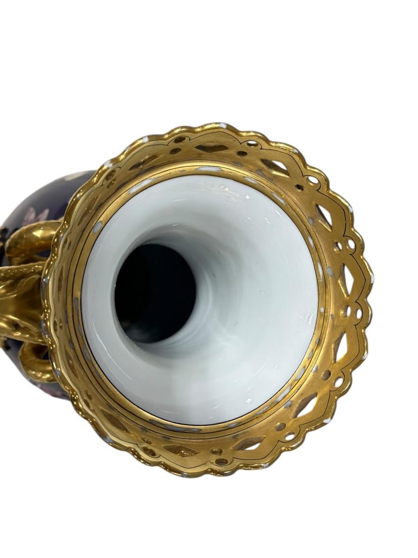 Pair of Stunning Fischer & Mieg Ornate Gilt Cobalt Blue Porcelain Urns - 24" tall - 7