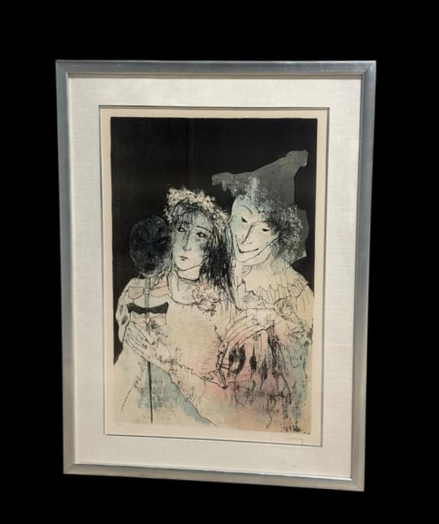 Harlequin & Columbine signed and numbered Print by Jean Jansem 58/100: Harlequin & Columbine signed and numbered Print by Jean Jansem 58/100. Jean Jansem French 1920-2013 Harlequin and Columbine signed and numbered 58/100. In good condition, slight wear to silver frame.