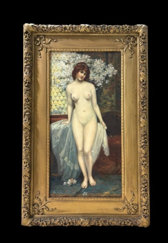 Signed 19th Century Nude Woman with Flowers Large Oil Painting on Paperbacked Canvas: Signed 19th Century Nude Woman with Flowers Large Oil Painting on Paperbacked Canvas. This is a beautiful oil painting of a young woman posing in the nude, holding a wrap behind her with flowers on th