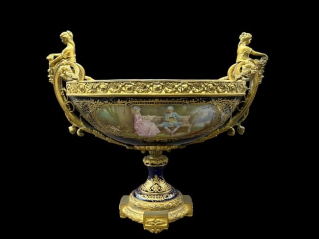 19th Century Serves France Style Cobalt Blue & Gilt Bronze Porcelain Painted Centerpiece Bowl (1 of 20)