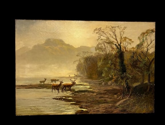 Antique Oil on Canvas "Landscape with Stags" by Clarence Henry Roe (1 of 19)