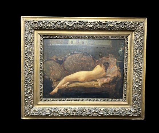 Antique Unsigned Oil on Board "Nude Woman" on Sofa: Antique Unsigned Oil on Board "Nude Woman" on Sofa. This is a beautiful painting of a young lady lying nude on a sofa with her back to the artist. There is some age damage to the paint on the board. T