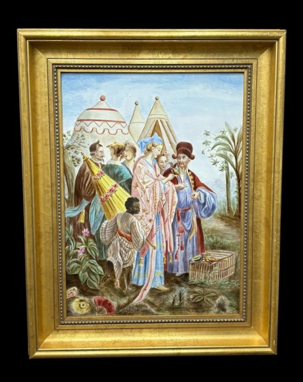 Signed Hand Painted Enamel on Porcelain Plaque "Fanciful Chinoiserie Figures" signed Lambert (1 of 19)