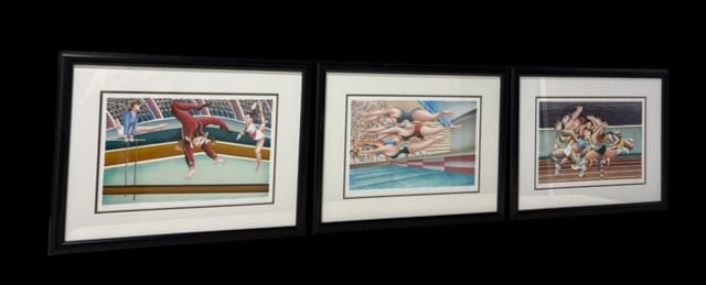 Estate Lot of 3 Yuval Mahler (Israeli) Artist Olympic Games Serigraph Gymnastics, Track & Swimming: Estate Lot of 3 Yuval Mahler (Israeli) Artist Olympic Games Serigraph Gymnastics, Track & Swimming. Born in 1951 in Haifa, Israel, Yuval Mahler studied graphic design and animation at the School of Vi