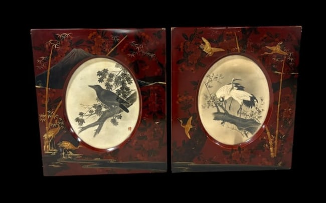 Pair of Antique Japanese Framed Bird Art in Hand Painted Rosewood Lacquer Frames (1 of 19)