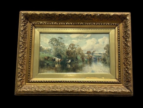 Antique Framed Watercolor Scottish Highlands Landscape with Cows Murray MacDonald: Antique Framed Watercolor Scottish Highlands Landscape with Cows Murray MacDonald. This is a lovely watercolor rural landscape with trees, cows and beautiful clouds in the sky. It is signed on the bot