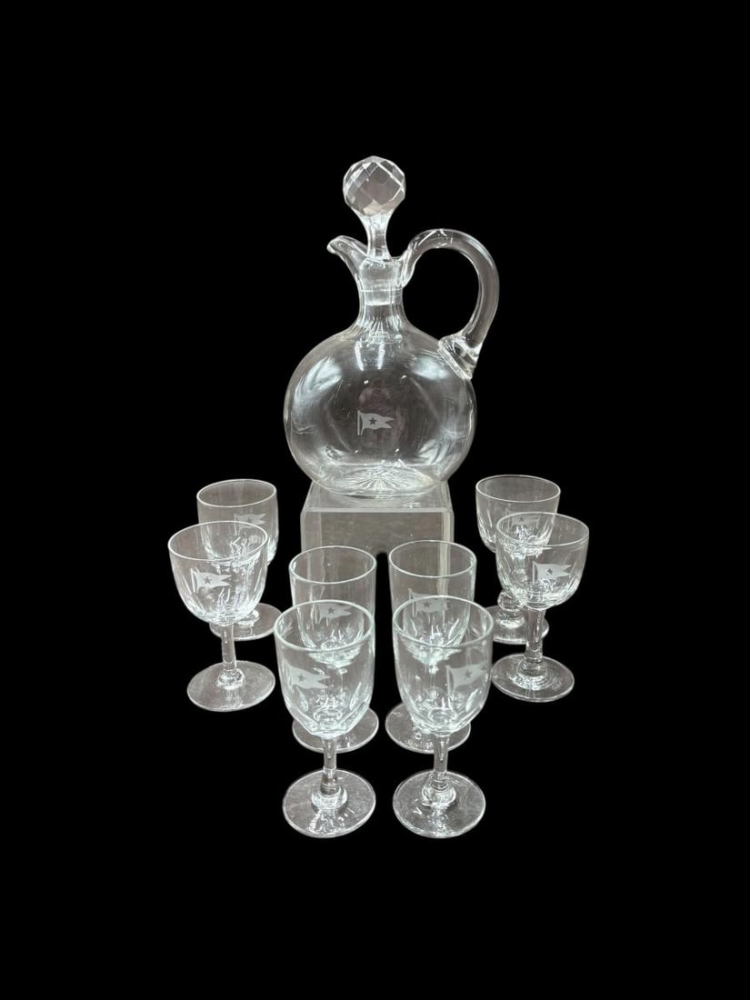 1920's White Star Line Estate Lot Carafe Decanter & 8 Glass Cordial Sipping Glasses (1 of 12)