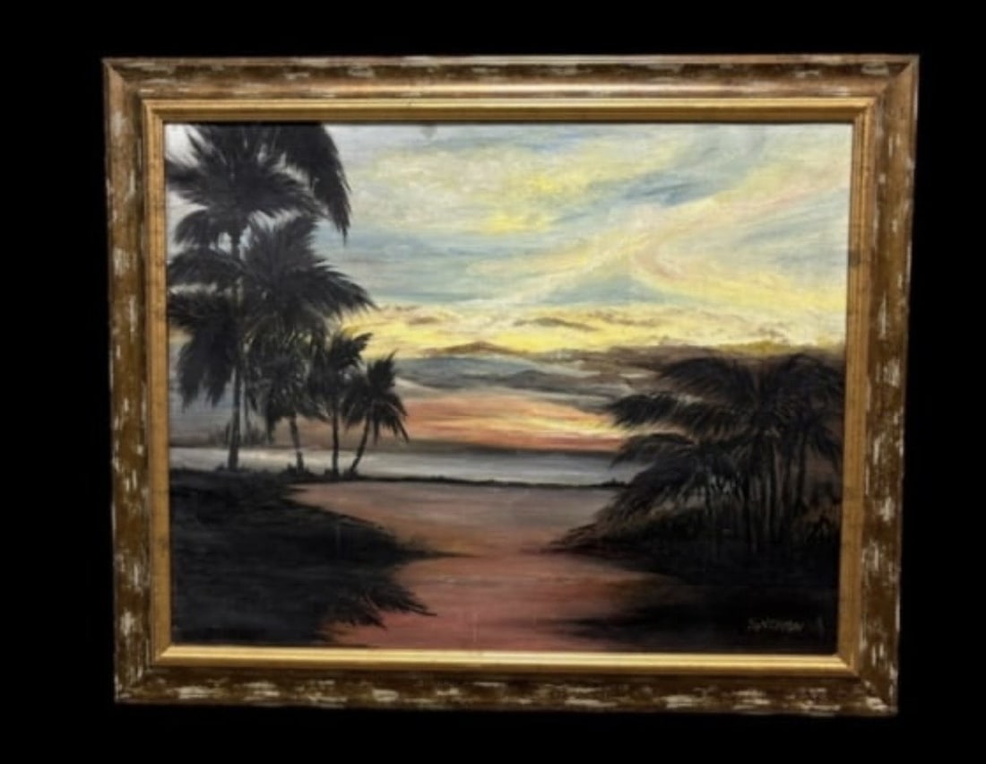 FL Highwayman Style Painting - Beautiful Palm Tree Waterside Sunset - Signed "S. Newton": FL Highwayman Style Painting - Beautiful Palm Tree Waterside Sunset - Signed "S. Newton". This art shows a colorful sunset over water with land lined with palm trees, painted with oil on a thin (upson