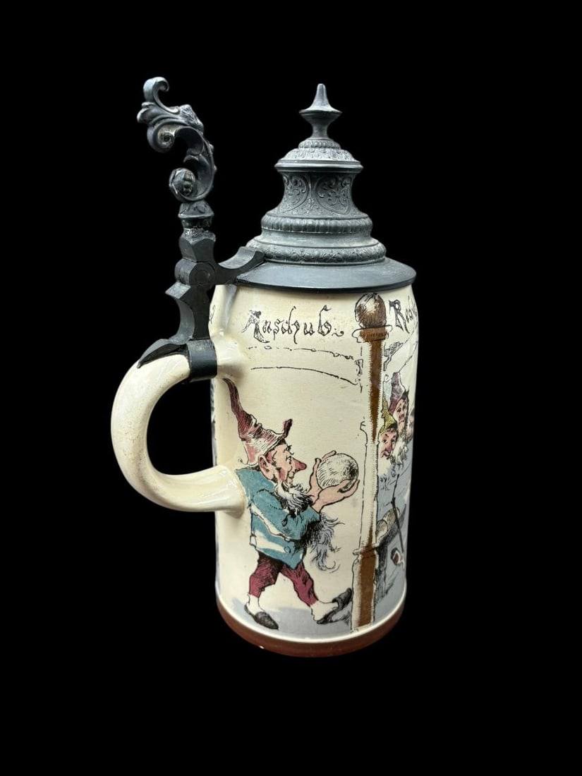 Mettlach Geschützt 1/2 Liter German 1909/727 Stein with Gnomes signed by Heinrich Schlitt - 2