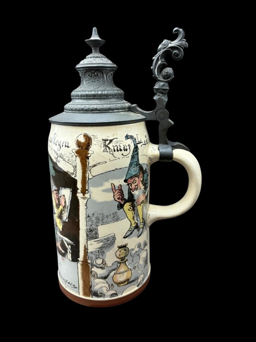 Mettlach Geschützt 1/2 Liter German 1909/727 Stein with Gnomes signed by Heinrich Schlitt - 3