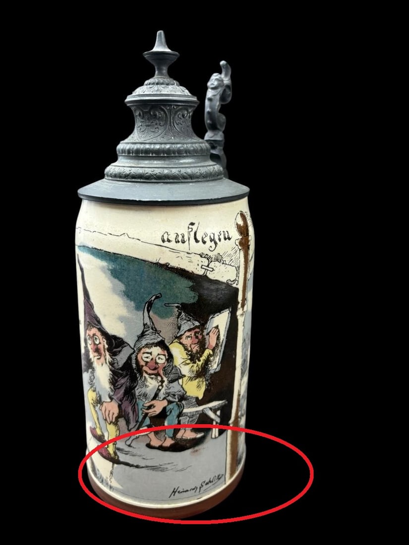 Mettlach Geschützt 1/2 Liter German 1909/727 Stein with Gnomes signed by Heinrich Schlitt - 4