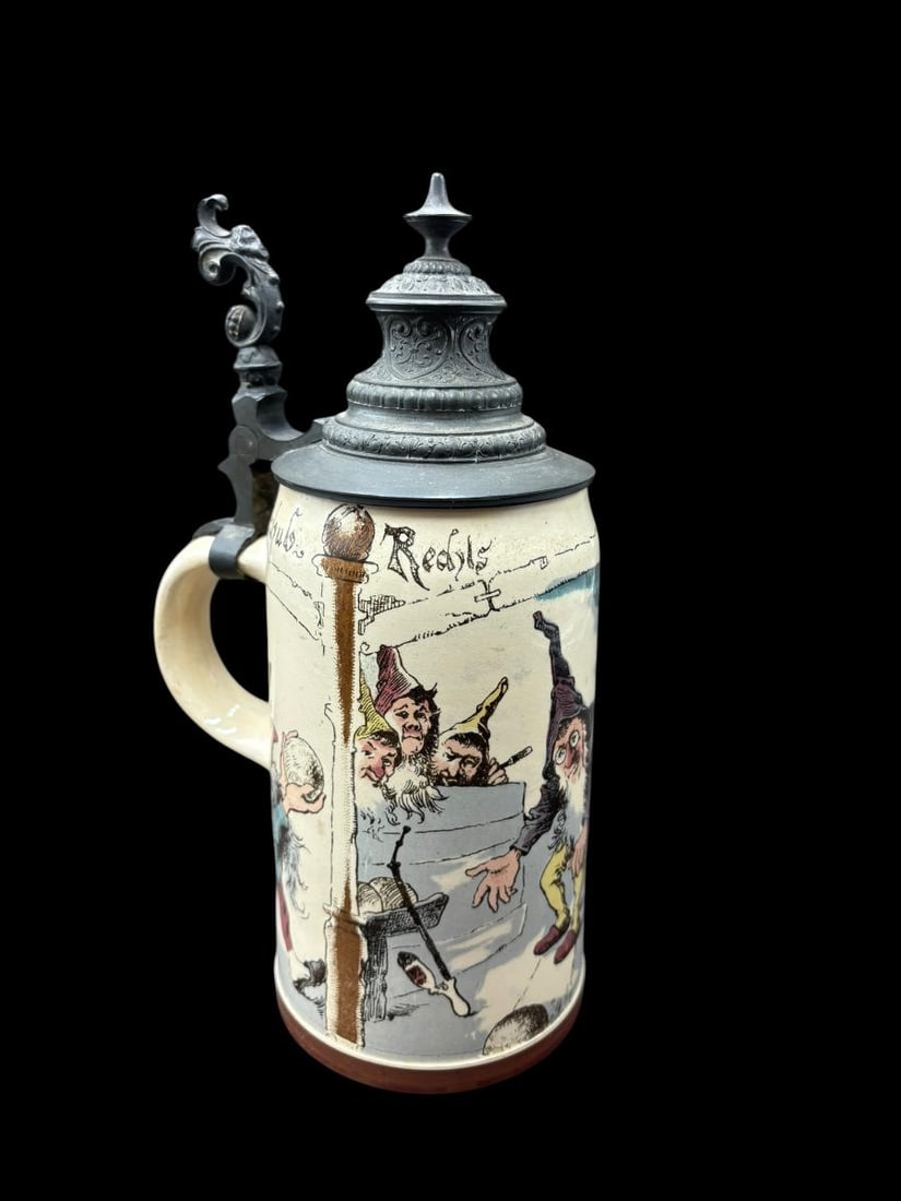 Mettlach Geschützt 1/2 Liter German 1909/727 Stein with Gnomes signed by Heinrich Schlitt - 6