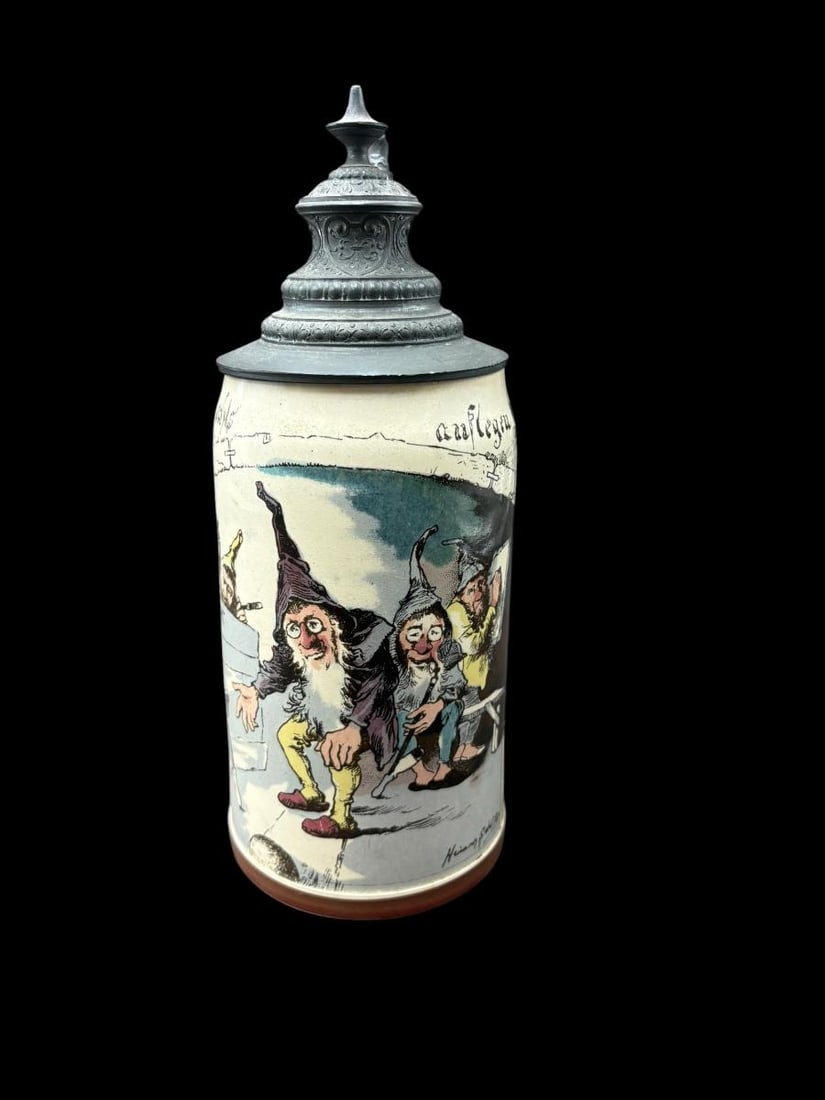 Mettlach Geschützt 1/2 Liter German 1909/727 Stein with Gnomes signed by Heinrich Schlitt - 7