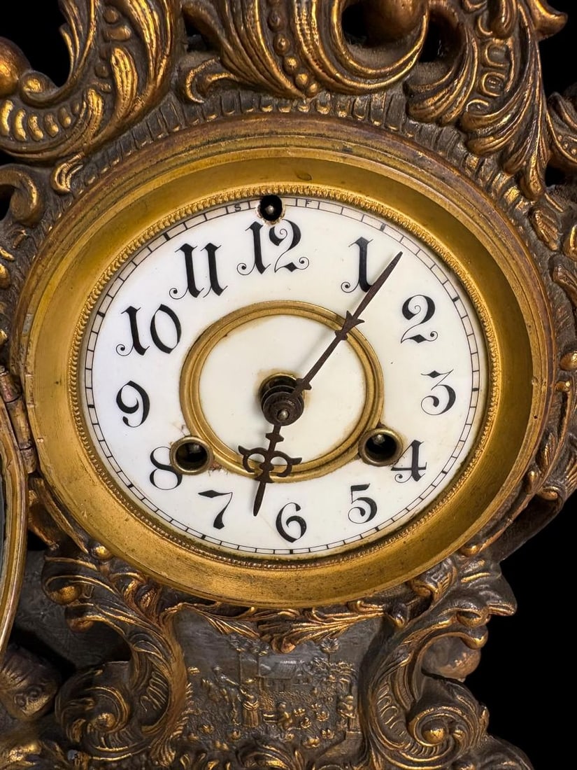 Antique Waterbury Clock Company Cast Metal Figural Vesta Mantel Clock - 4
