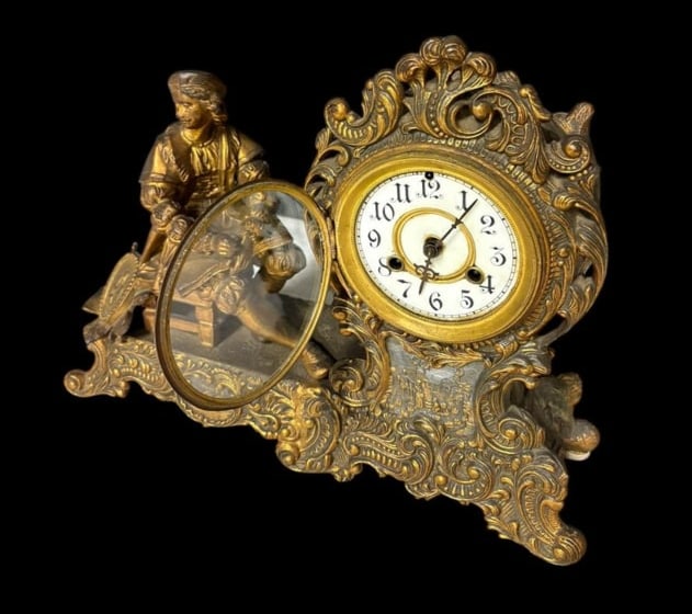 Antique Waterbury Clock Company Cast Metal Figural Vesta Mantel Clock - 7
