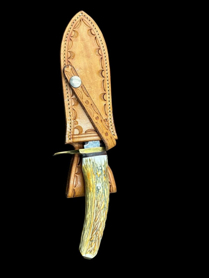 B. H. Nelson , Tulsa - 6" Custom Stag Handled Knife - Fixed Blade with Leather Sheath - 2