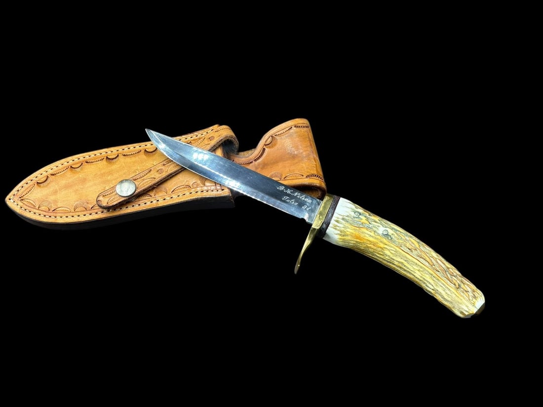 B. H. Nelson , Tulsa - 6" Custom Stag Handled Knife - Fixed Blade with Leather Sheath - 3