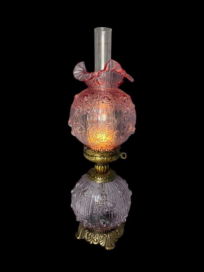 Vintage Fenton Lavender Cabbage Rose Double Glass Globe Gone with Wind Table Lamp - 2