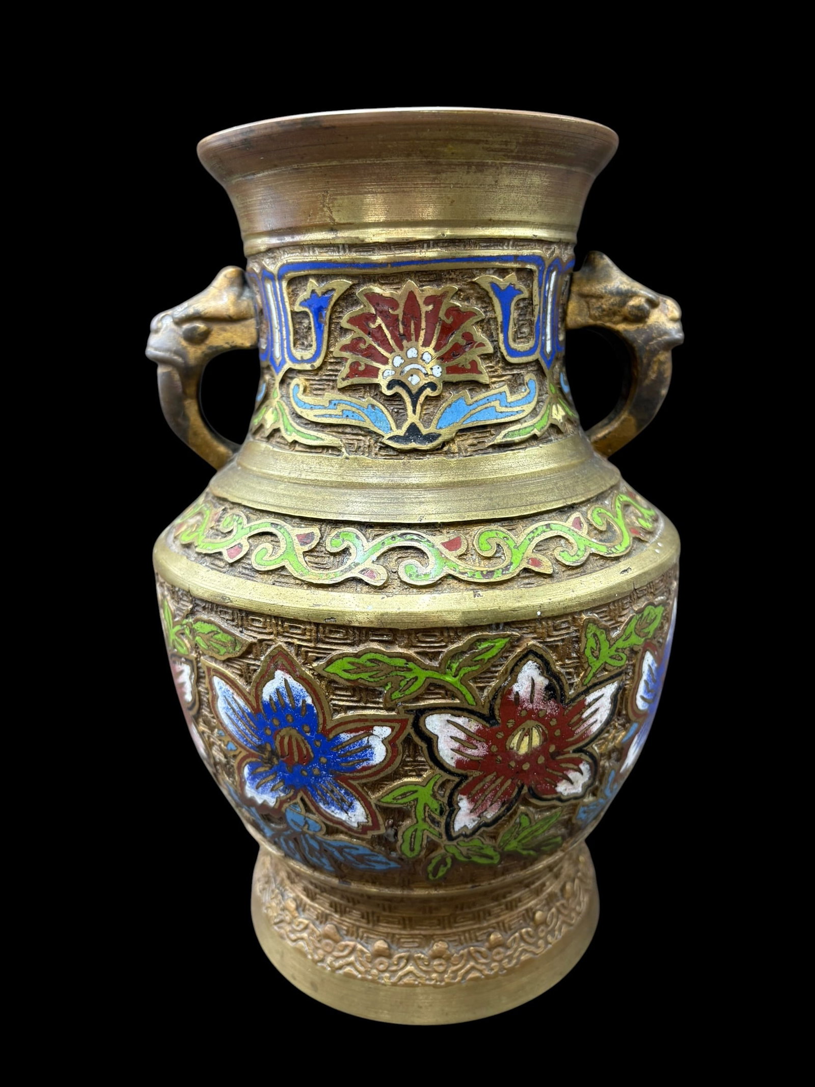 Pair of Japanese Enameled Brass Champleve' Vases with Dragon Handles - 3