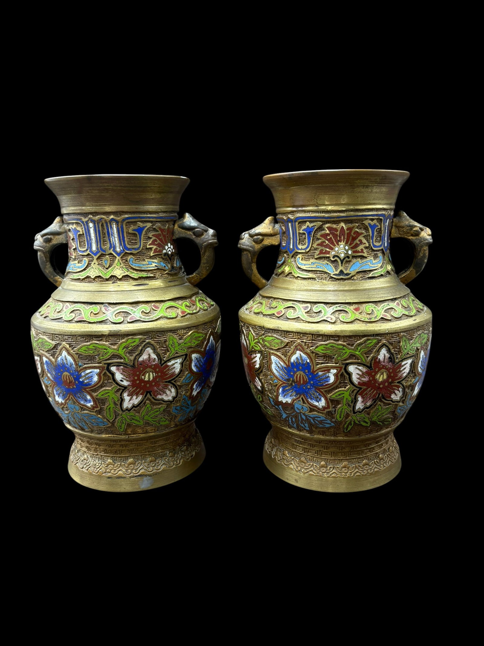 Pair of Japanese Enameled Brass Champleve' Vases with Dragon Handles - 4