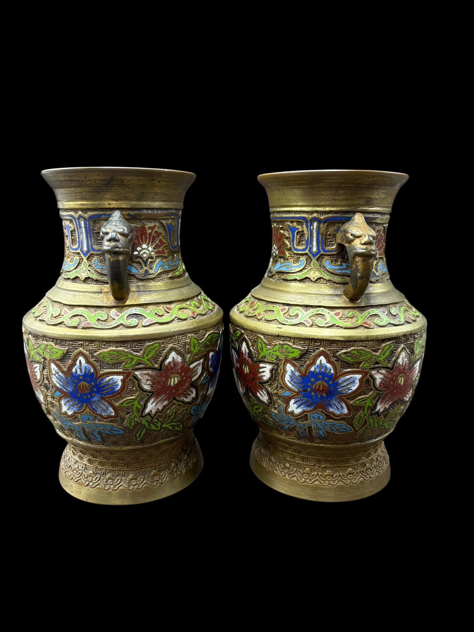 Pair of Japanese Enameled Brass Champleve' Vases with Dragon Handles - 5