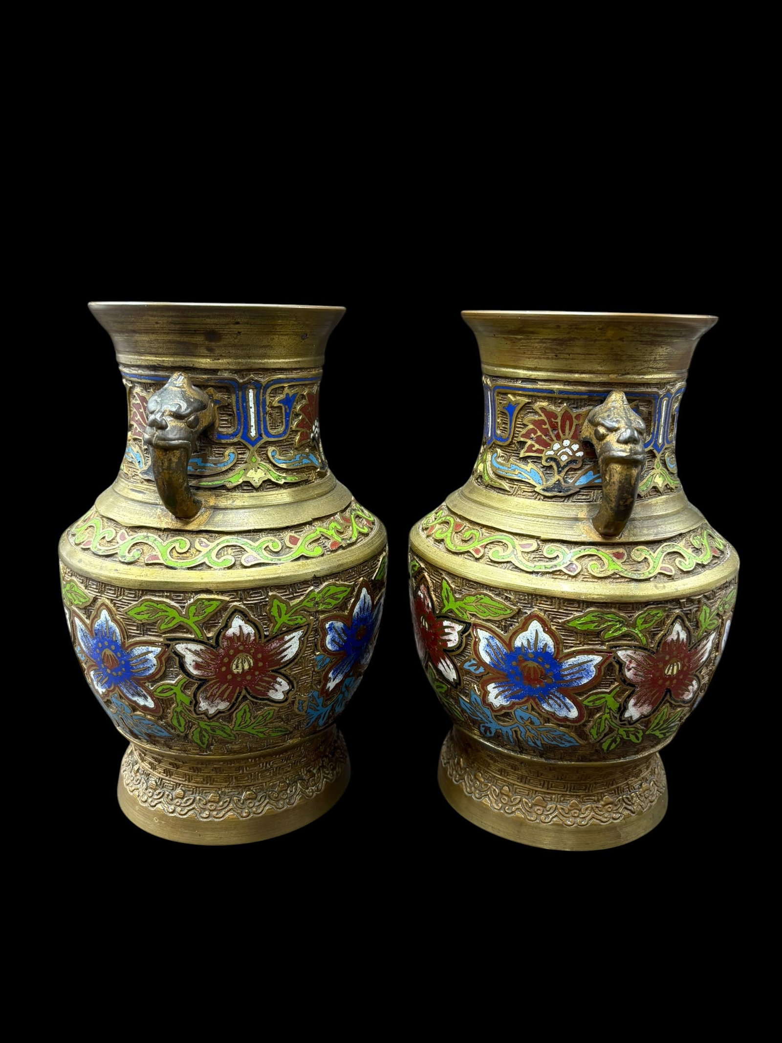 Pair of Japanese Enameled Brass Champleve' Vases with Dragon Handles - 6