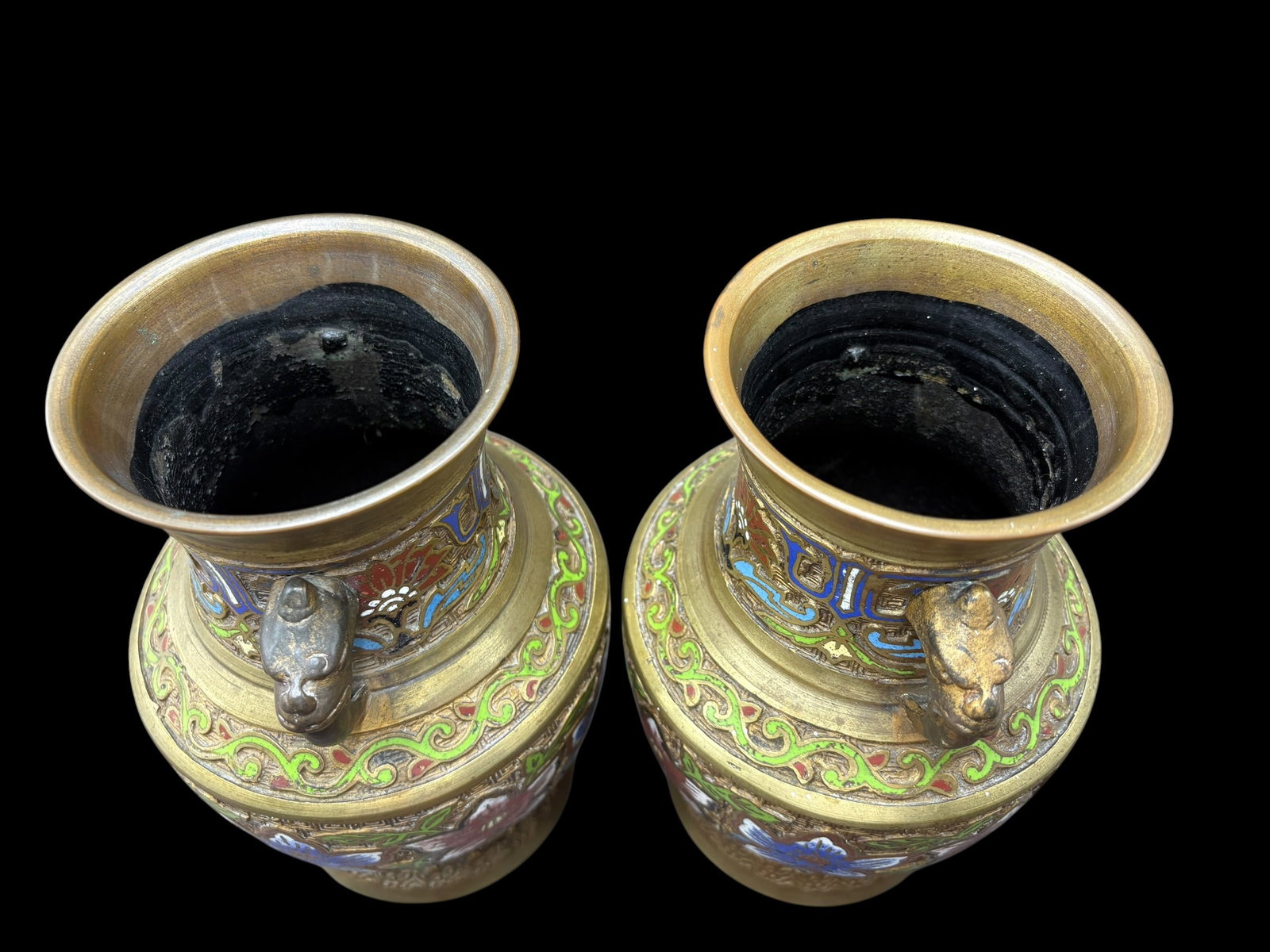 Pair of Japanese Enameled Brass Champleve' Vases with Dragon Handles - 7