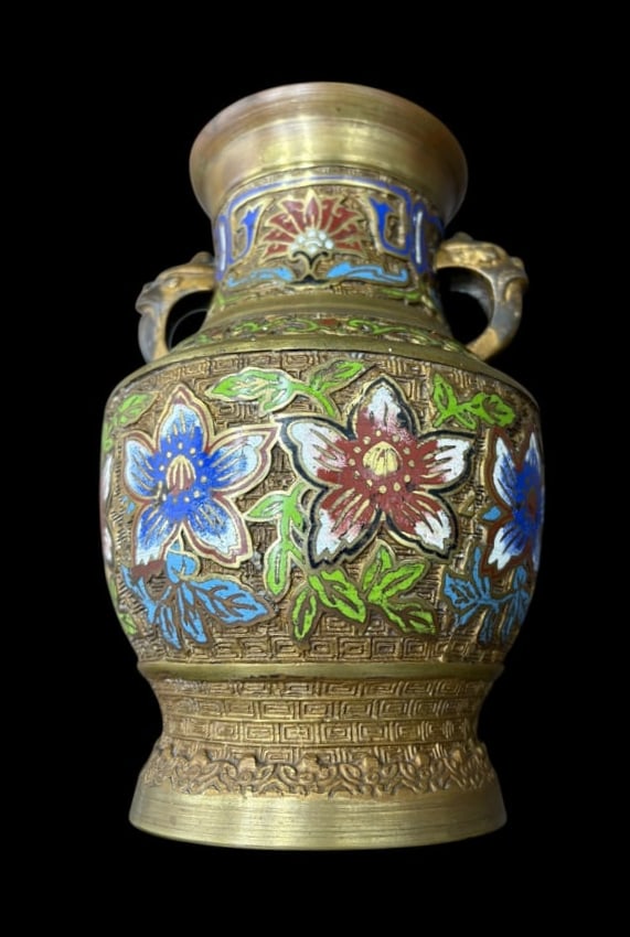 Pair of Japanese Enameled Brass Champleve' Vases with Dragon Handles - 8