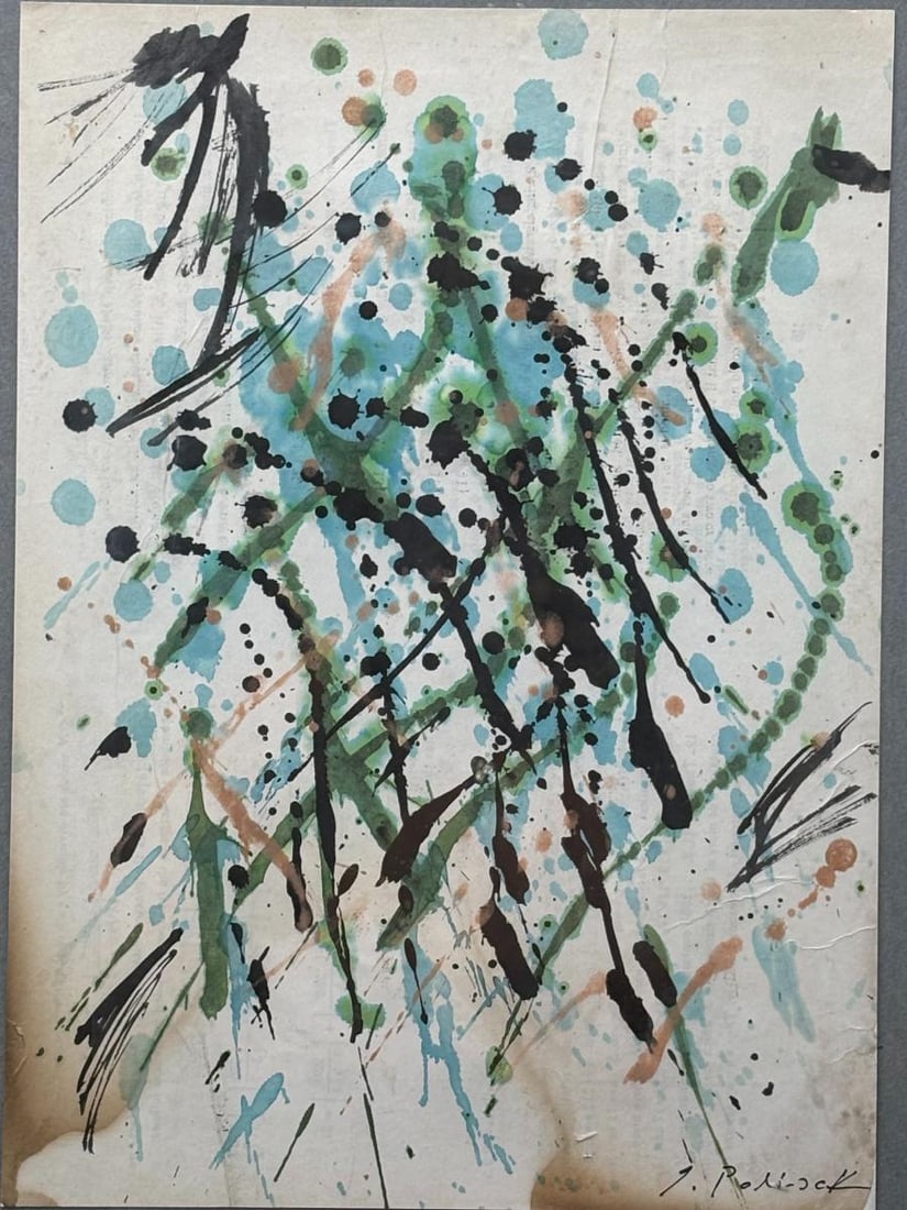 Expressionism Drip Action Watercolor on Cardboard Paper Signed J. Pollock (after)? - 2