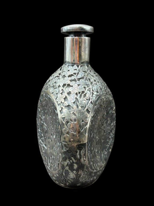 Estate Lot of 2 Antique Chinese Sterling Overlay Decanter Pinch Bottles - 10