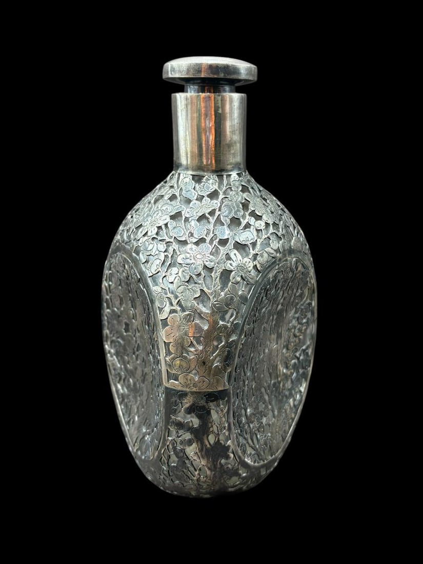 Estate Lot of 2 Antique Chinese Sterling Overlay Decanter Pinch Bottles - 11