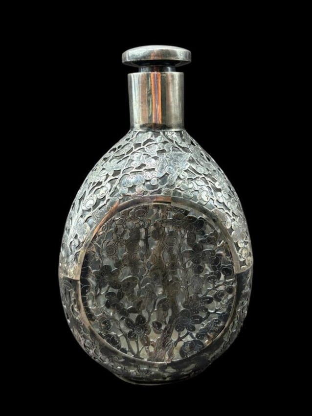 Estate Lot of 2 Antique Chinese Sterling Overlay Decanter Pinch Bottles - 12