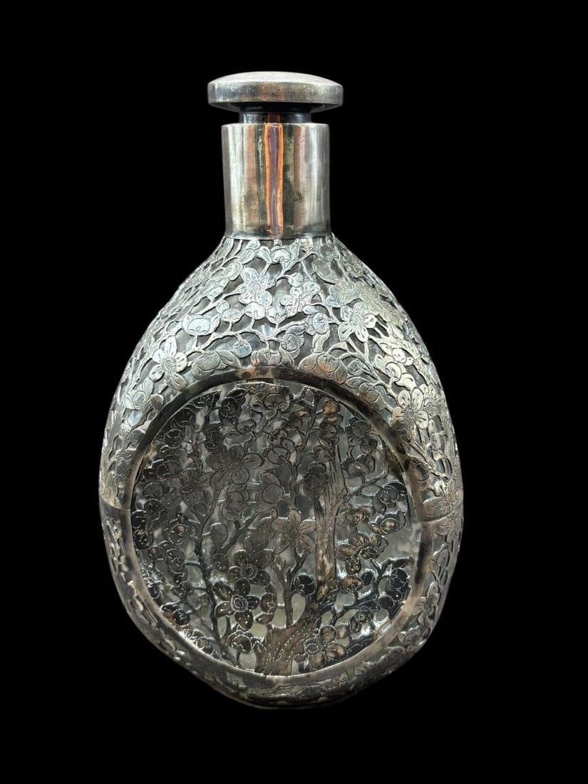 Estate Lot of 2 Antique Chinese Sterling Overlay Decanter Pinch Bottles - 13