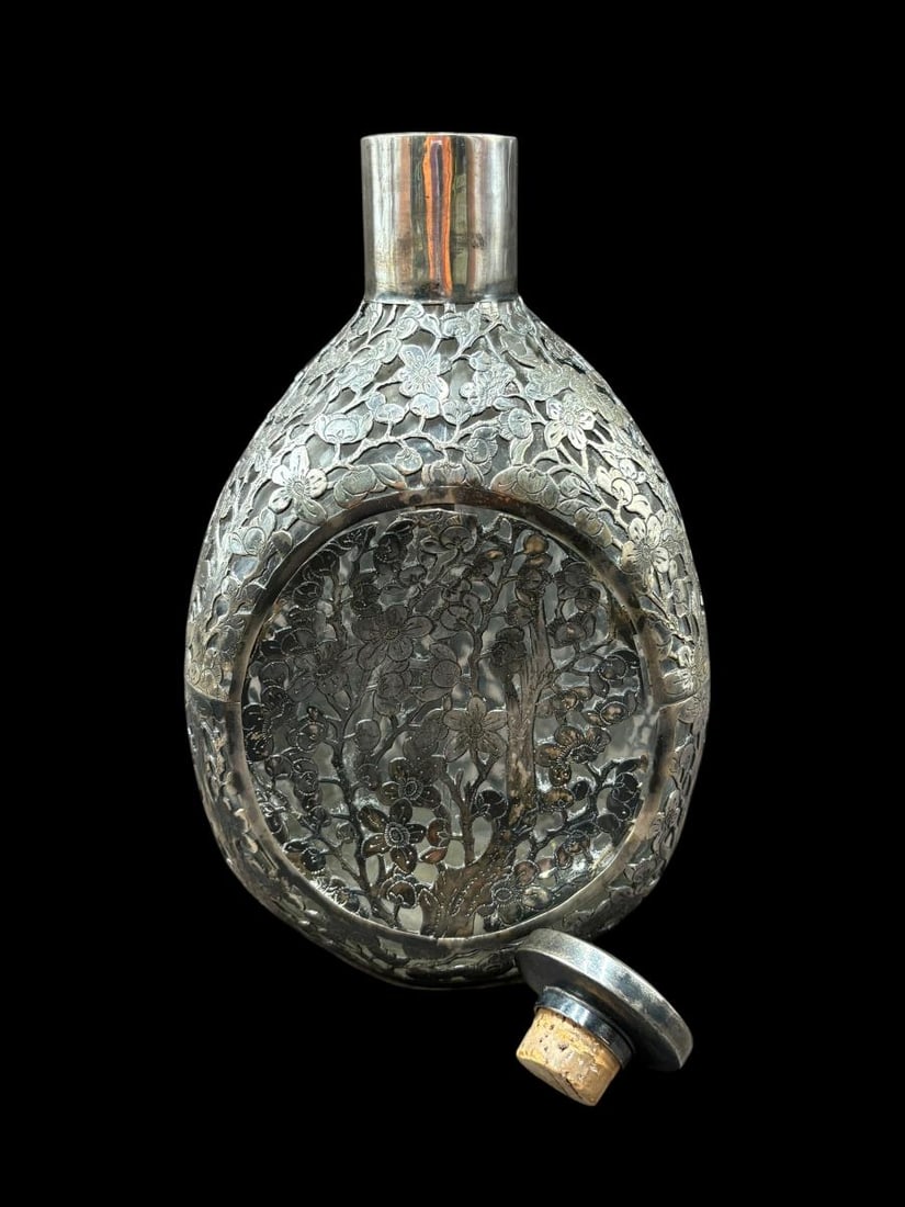 Estate Lot of 2 Antique Chinese Sterling Overlay Decanter Pinch Bottles - 14