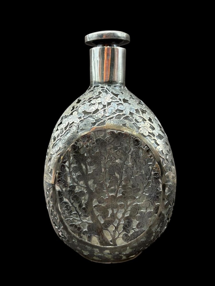 Estate Lot of 2 Antique Chinese Sterling Overlay Decanter Pinch Bottles - 9