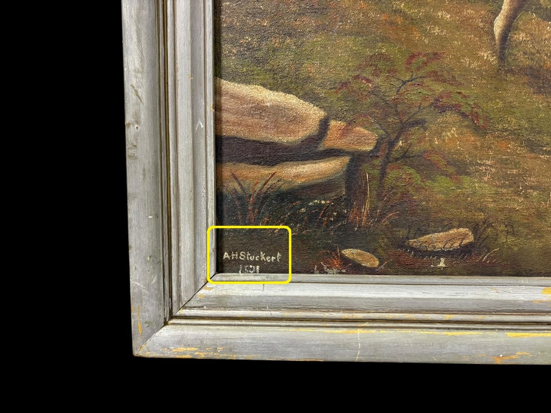 Antique Oil on Cloth Canvas Folk Art Painting "Woman with the Lambs" signed by A. H. Stuckert 1801 - 10