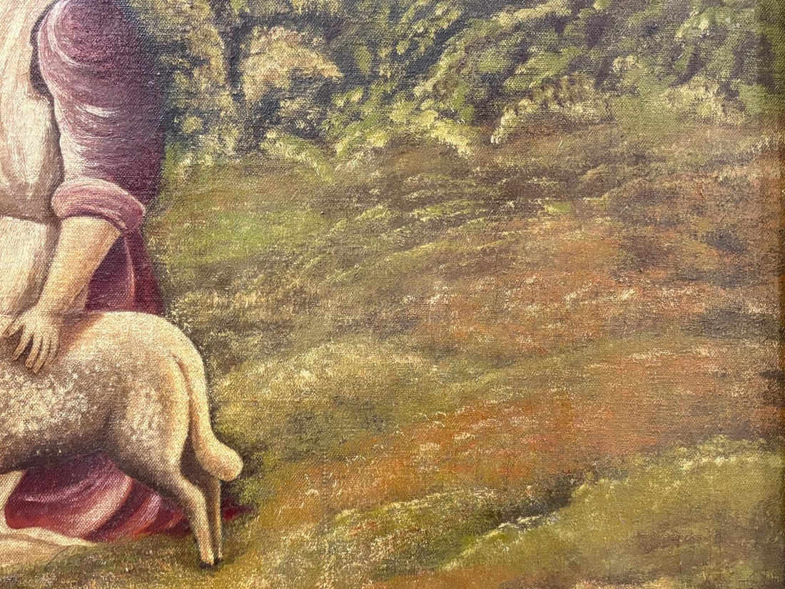 Antique Oil on Cloth Canvas Folk Art Painting "Woman with the Lambs" signed by A. H. Stuckert 1801 - 12