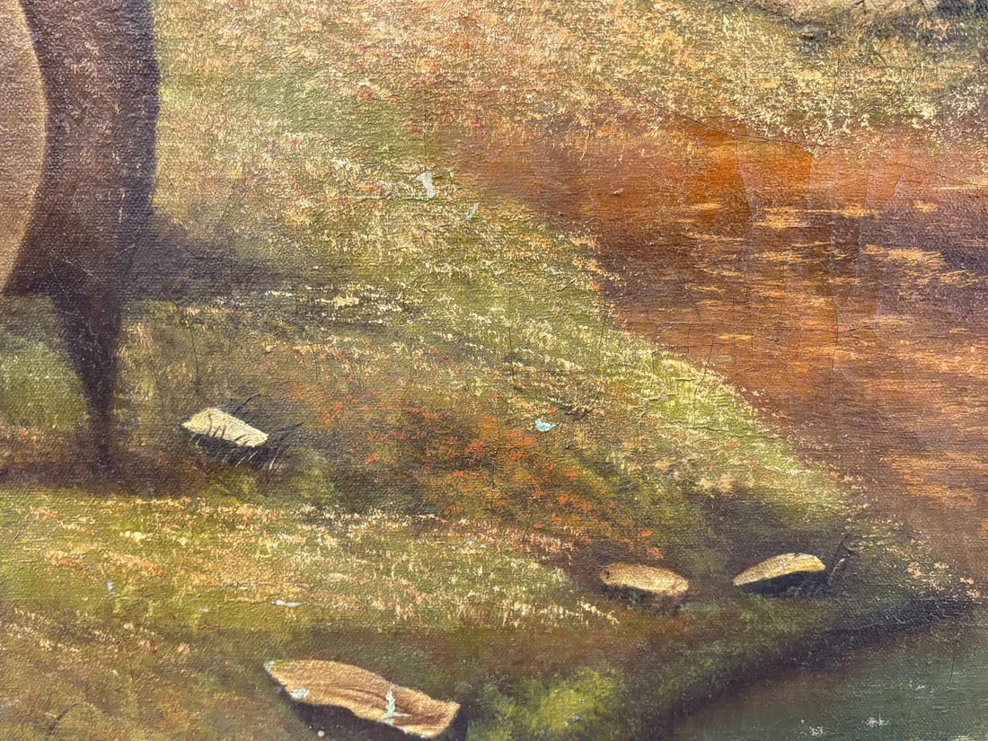 Antique Oil on Cloth Canvas Folk Art Painting "Woman with the Lambs" signed by A. H. Stuckert 1801 - 13