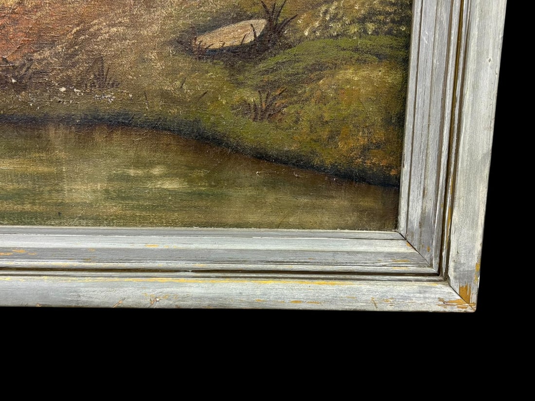 Antique Oil on Cloth Canvas Folk Art Painting "Woman with the Lambs" signed by A. H. Stuckert 1801 - 14