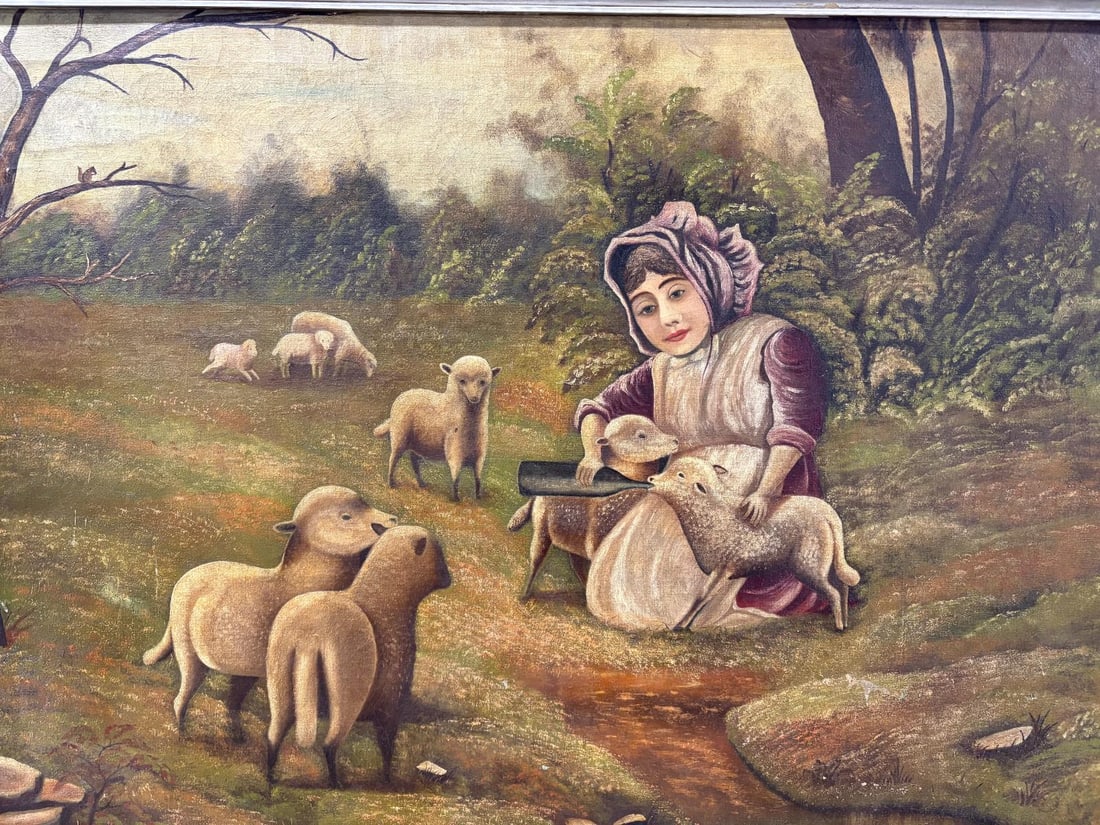 Antique Oil on Cloth Canvas Folk Art Painting "Woman with the Lambs" signed by A. H. Stuckert 1801 - 2