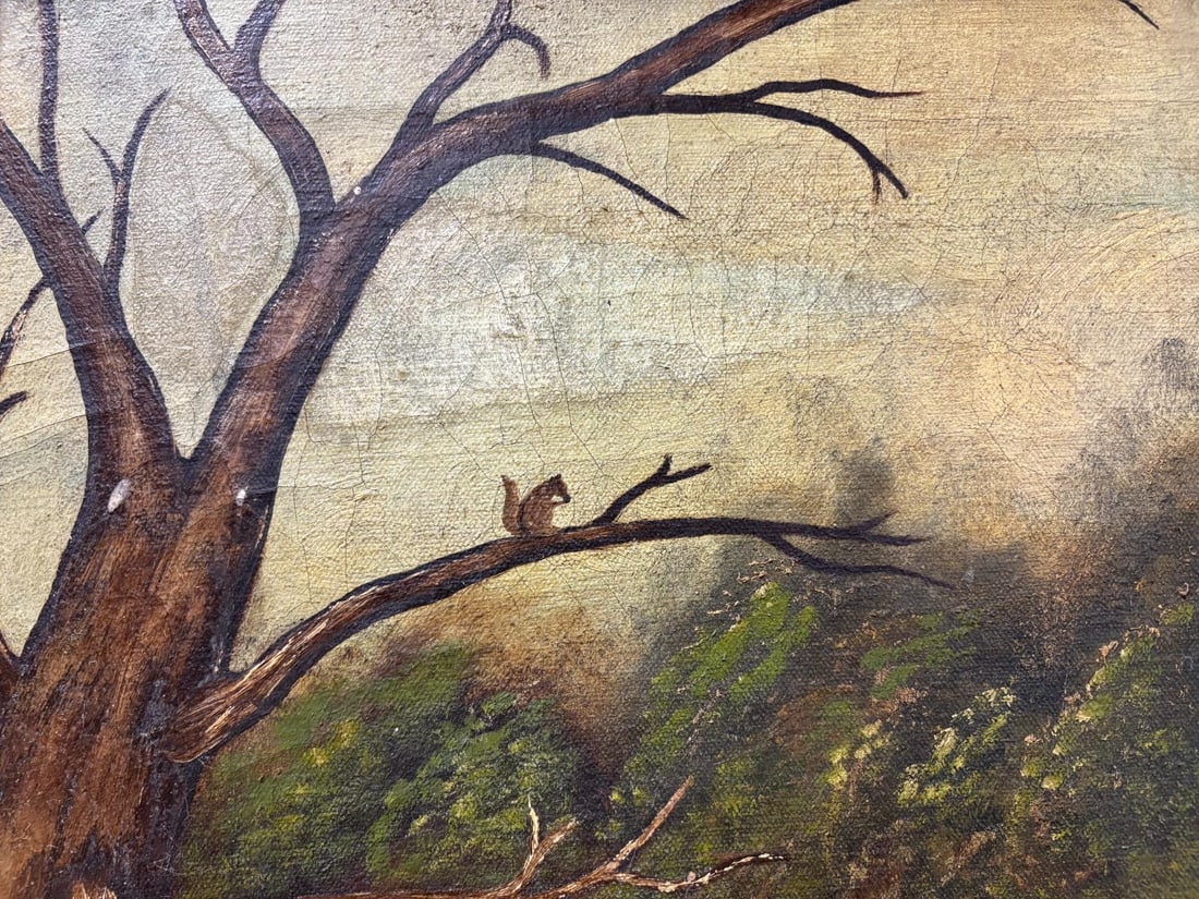Antique Oil on Cloth Canvas Folk Art Painting "Woman with the Lambs" signed by A. H. Stuckert 1801 - 3